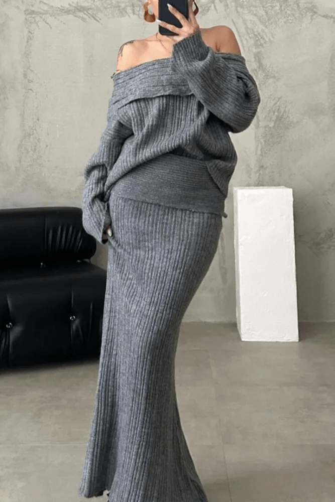 OLANE Ahonda Wool Sweater Maxi Skirt Set GraySWomen's Sets