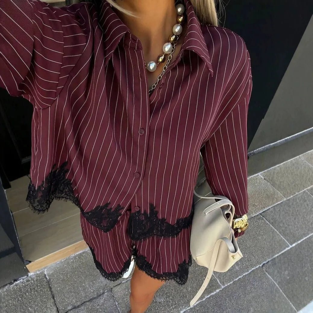 OLANE Natalie Long Sleeve Pinstripe Lace Trim Shorts Set BurgundySWomen's Sets
