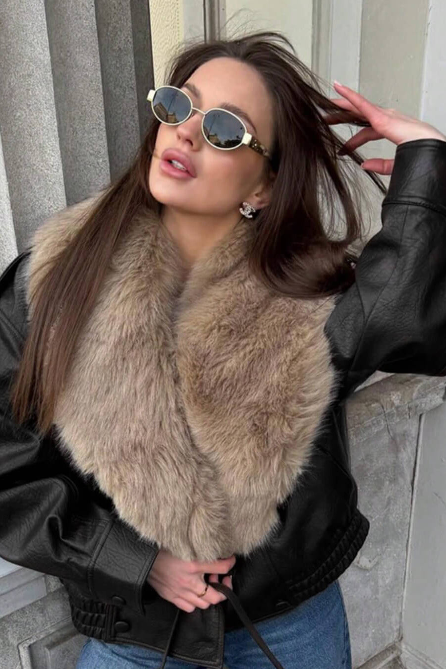 OLANE Alice Faux Leather Jacket Fur Collar BlackMWomen's Coats & Jackets