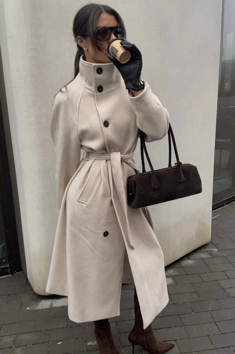 OLANE Angela Long Belted High Collar Coat BeigeSWomen's Coats & Jackets