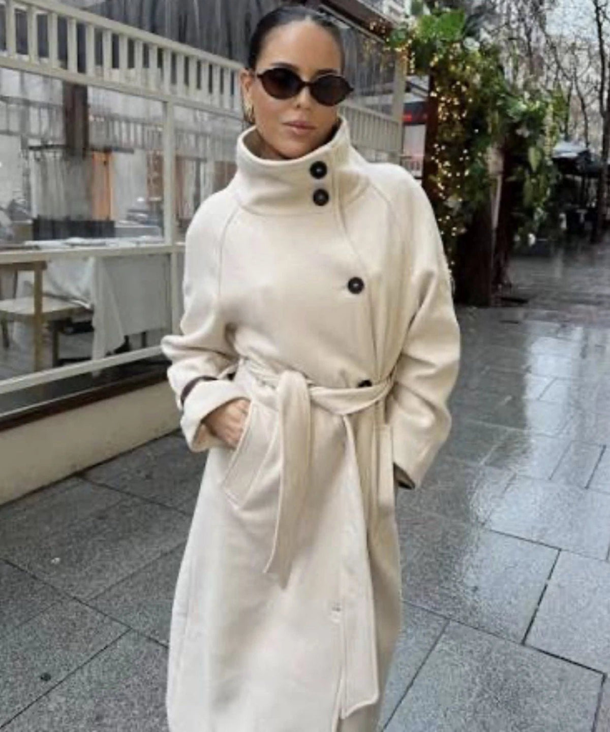 OLANE Angela Long Belted High Collar Coat BeigeSWomen's Coats & Jackets
