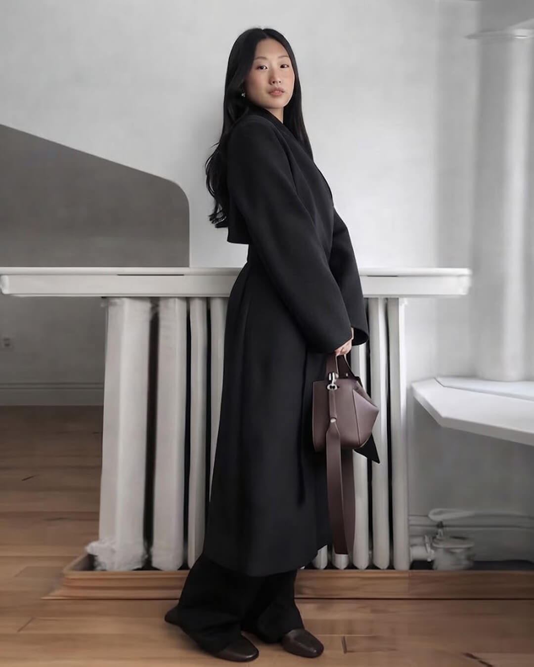 OLANE Angela Long Belted High Collar Coat BlackSWomen's Coats & Jackets