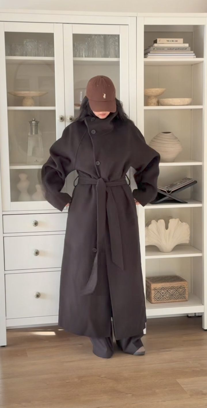 OLANE Angela Long Belted High Collar Coat BrownSWomen's Coats & Jackets