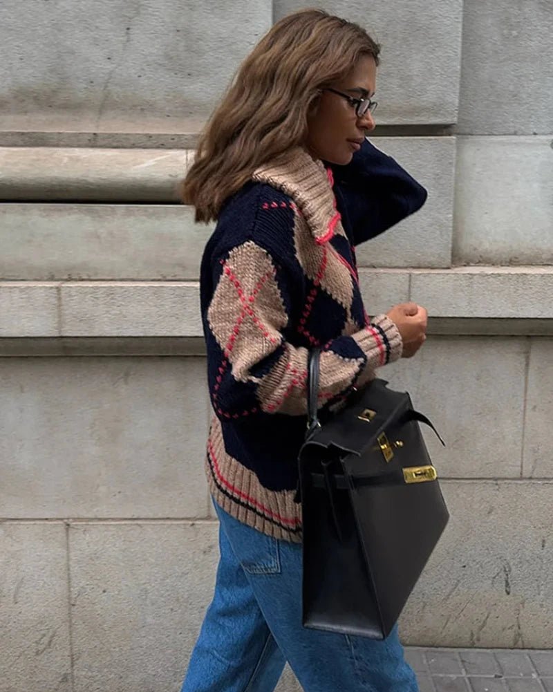 Gerippte Strickjacke mit Argyle-Muster und Reißverschluss