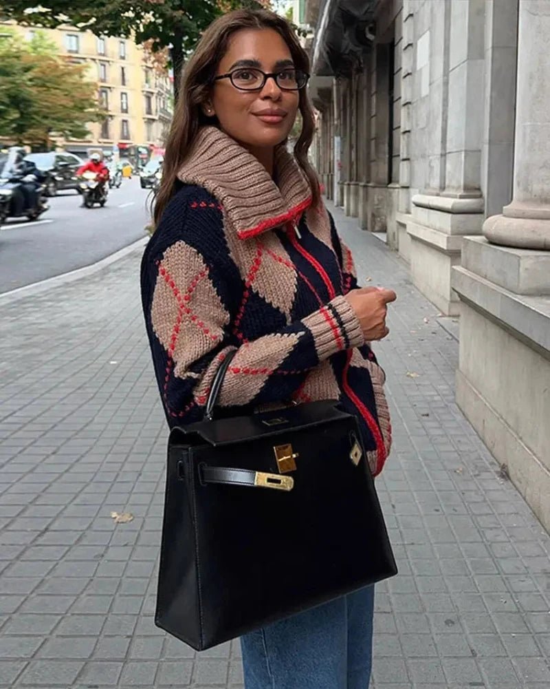 Gerippte Strickjacke mit Argyle-Muster und Reißverschluss