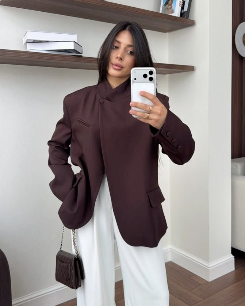 OLANE Asymmetric High Neck Blazer Coat BurgundyXSBlazer