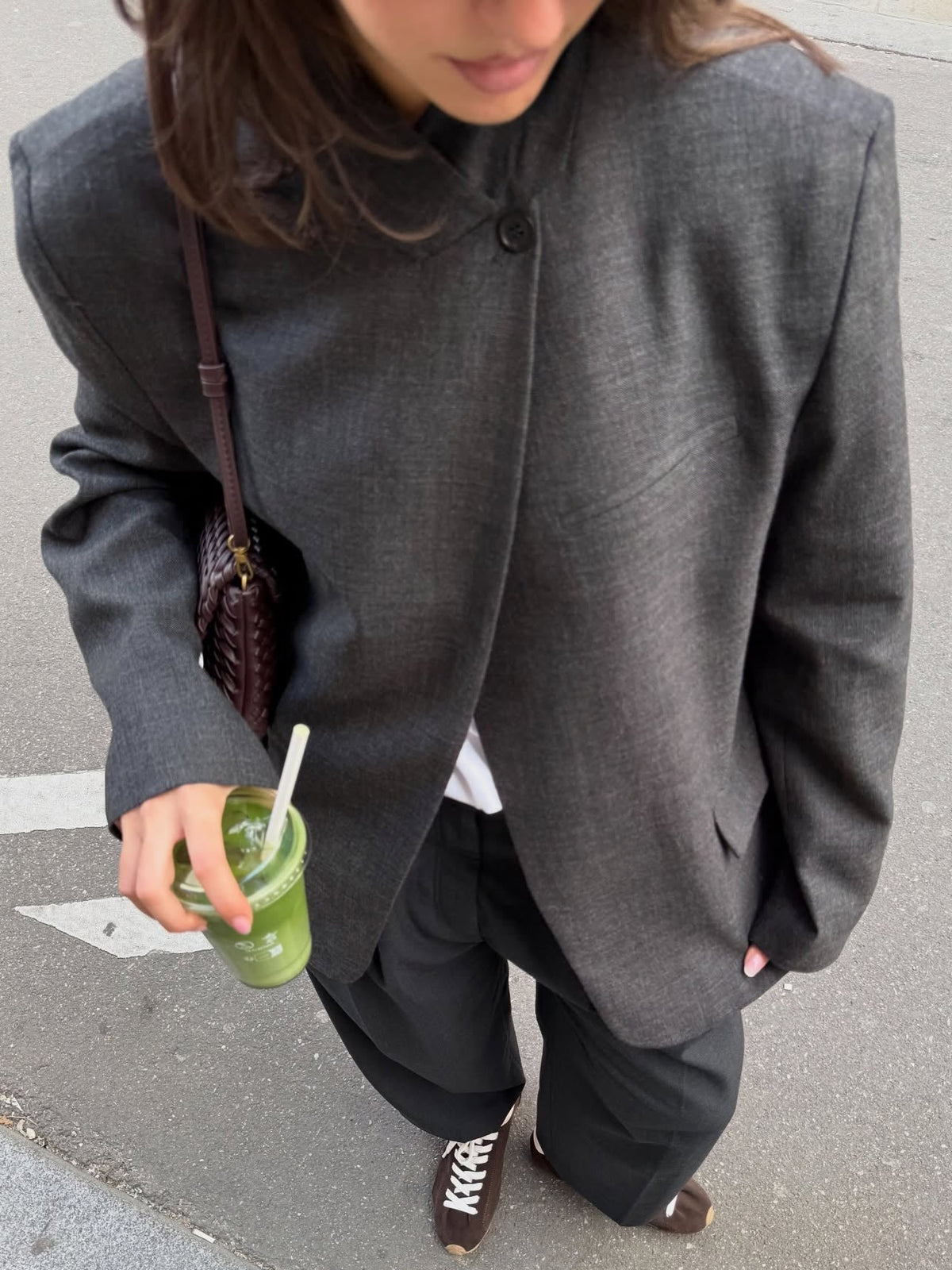 OLANE Asymmetric High Neck Blazer Coat Charcoal GreyXSBlazer
