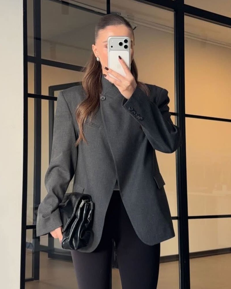 OLANE Asymmetric High Neck Blazer Coat Charcoal GreyXSBlazer
