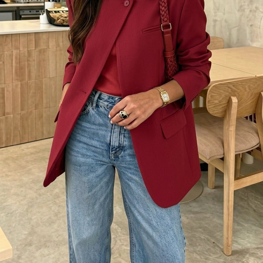 OLANE Asymmetric High Neck Blazer Coat RedXSBlazer