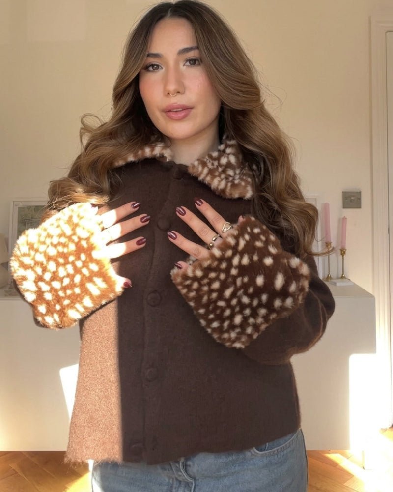 OLANE Bambi Faux Fur Trim Knit Cardigan BrownSCardigan
