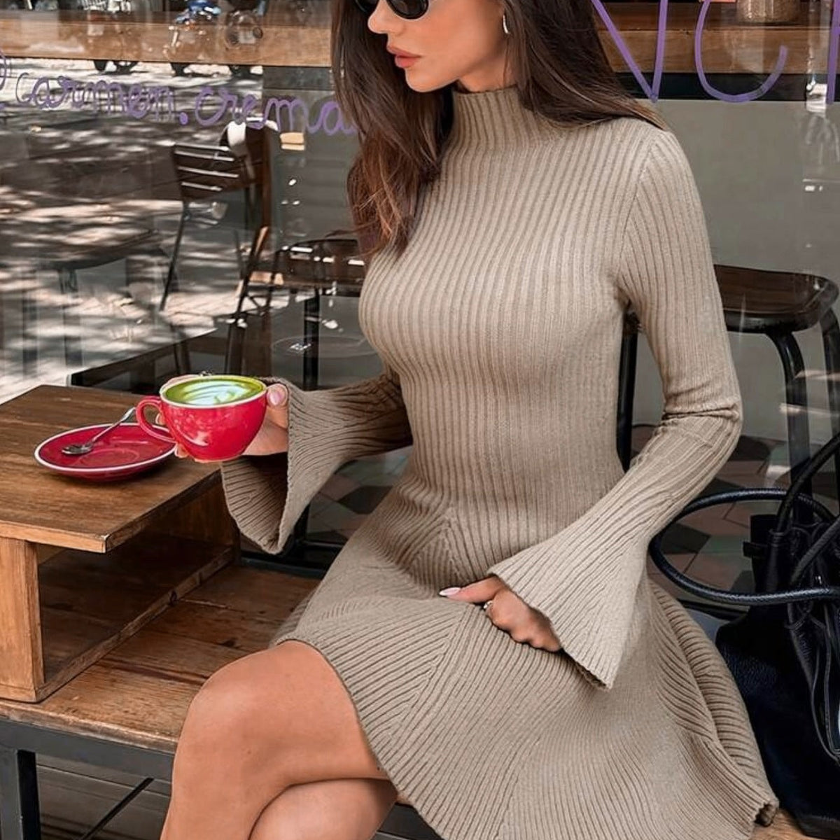 OLANE Bell Sleeve Ribbed Knit Sweater Dress BeigeXSDress