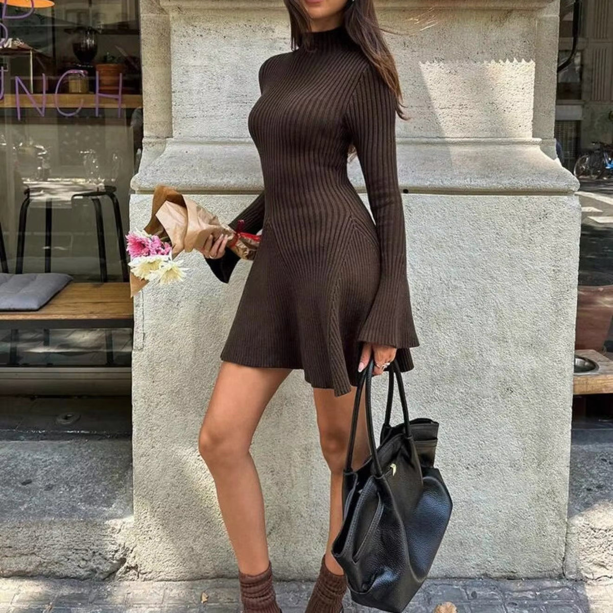 OLANE Bell Sleeve Ribbed Knit Sweater Dress BrownXSDress
