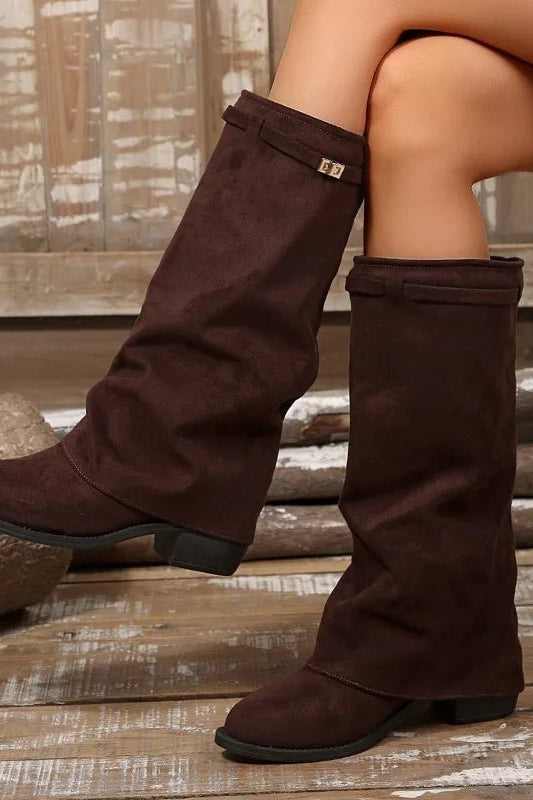 OLANE Belt Buckle Knee High Faux Suede Boots Beige36Shoes