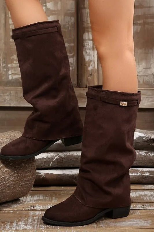 OLANE Belt Buckle Knee High Faux Suede Boots Deep Brown36Shoes