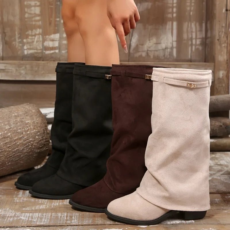 OLANE Belt Buckle Knee High Faux Suede Boots Deep Brown36Shoes