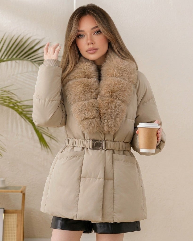 Parka mit Gürtel, Kunstfellkragen und Steppung
