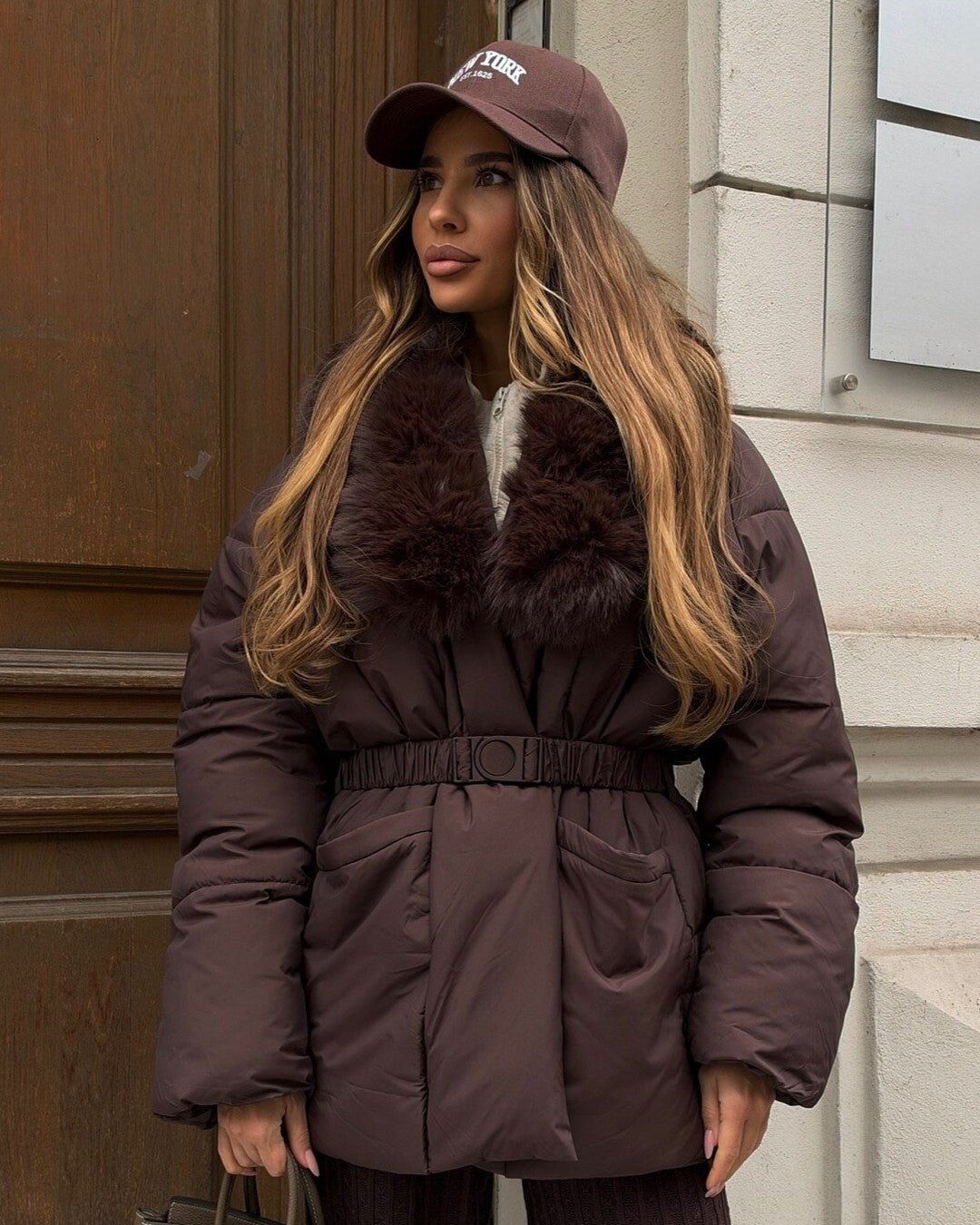 Parka mit Gürtel, Kunstfellkragen und Steppung