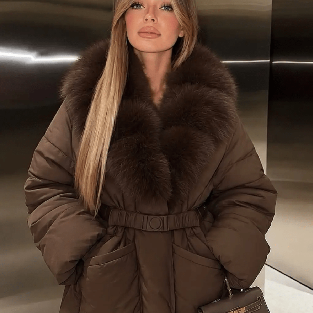 OLANE Belted Faux Fur Collar Quilted Parka BrownSCoat