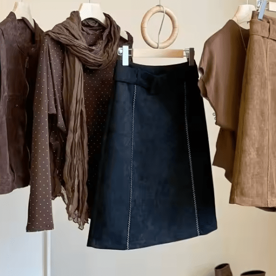 OLANE Belted Faux Suede Midi Skirt BlackSSkirt