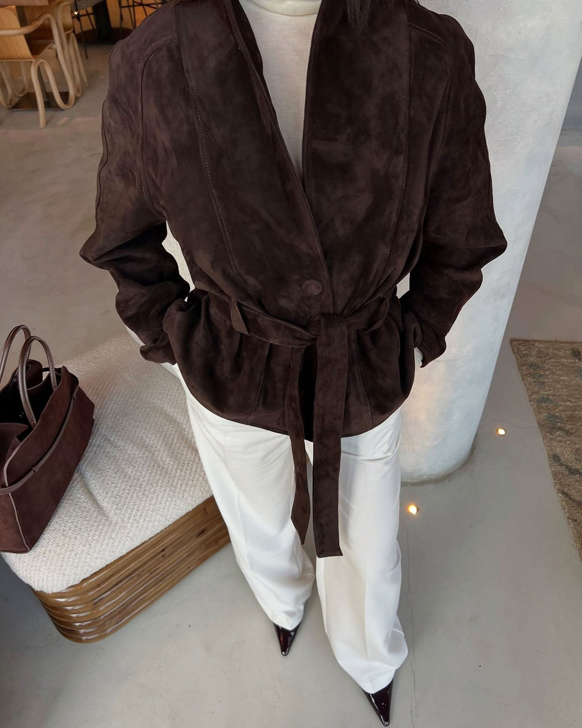 OLANE Belted Faux Suede Trench Coat BrownLWomen's Coats & Jackets