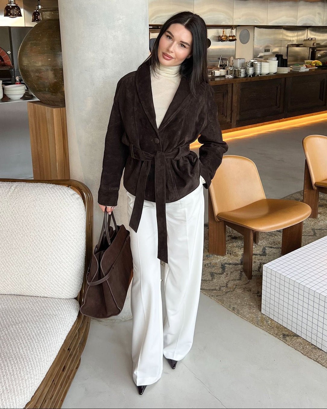 OLANE Belted Faux Suede Trench Coat BrownSWomen's Coats & Jackets