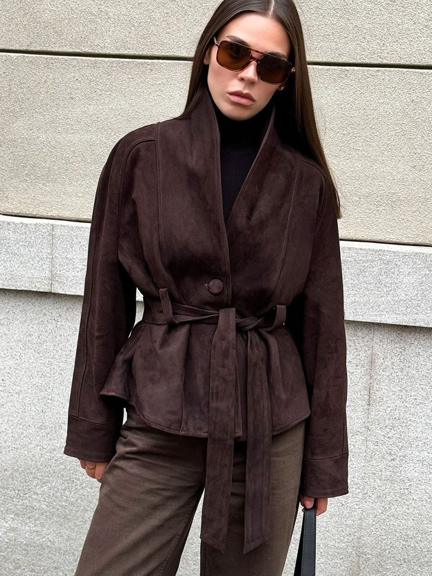 OLANE Belted Faux Suede Trench Coat BrownXSWomen's Coats & Jackets