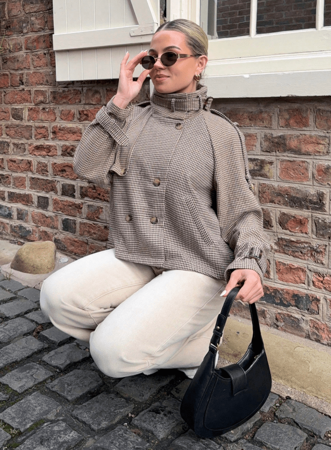 OLANE Belted Plaid Funnel Neck Coat BrownSWomen's Coats & Jackets