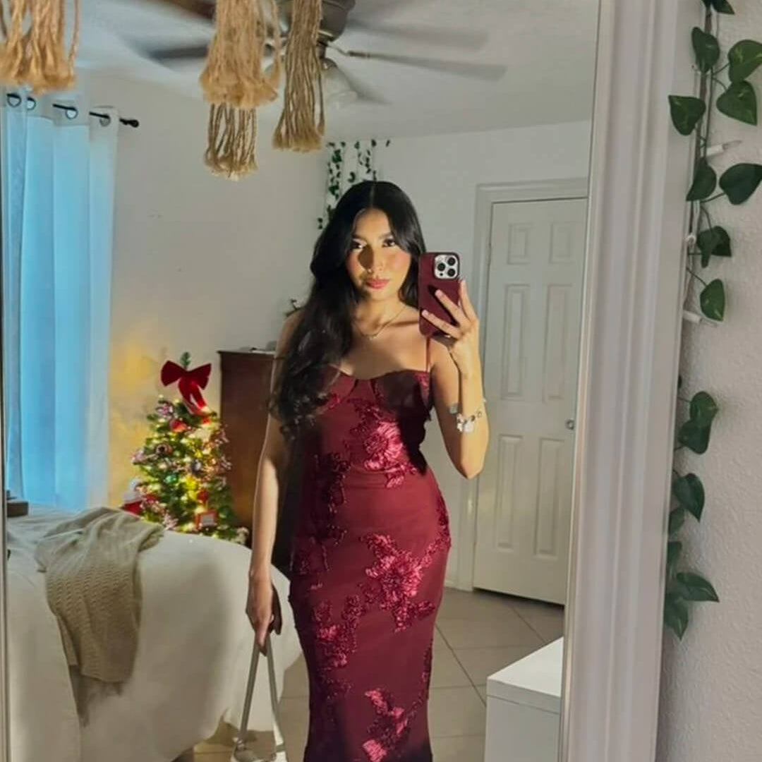 OLANE Bodycon Appliqué Tie-Back Evening Gown RedXSWomen’s Dresses