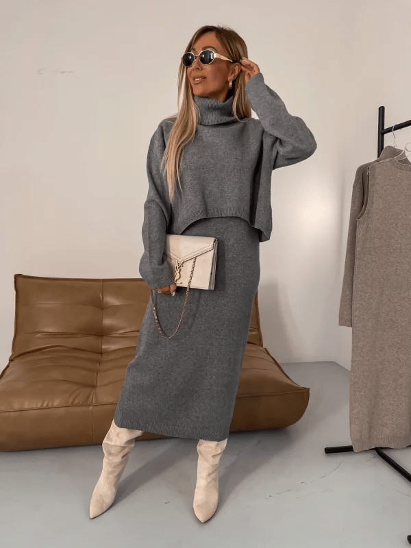 Olane Brand Cozy Midi Dress with Pullover Set GraySMidi Dresses
