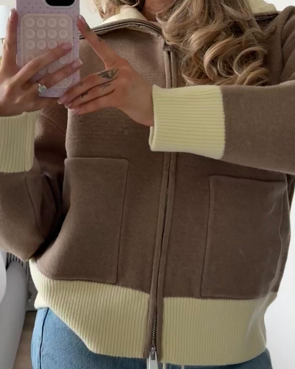 OLANE Casual Contrast Zip-Up Knit Cardigan LCardigan