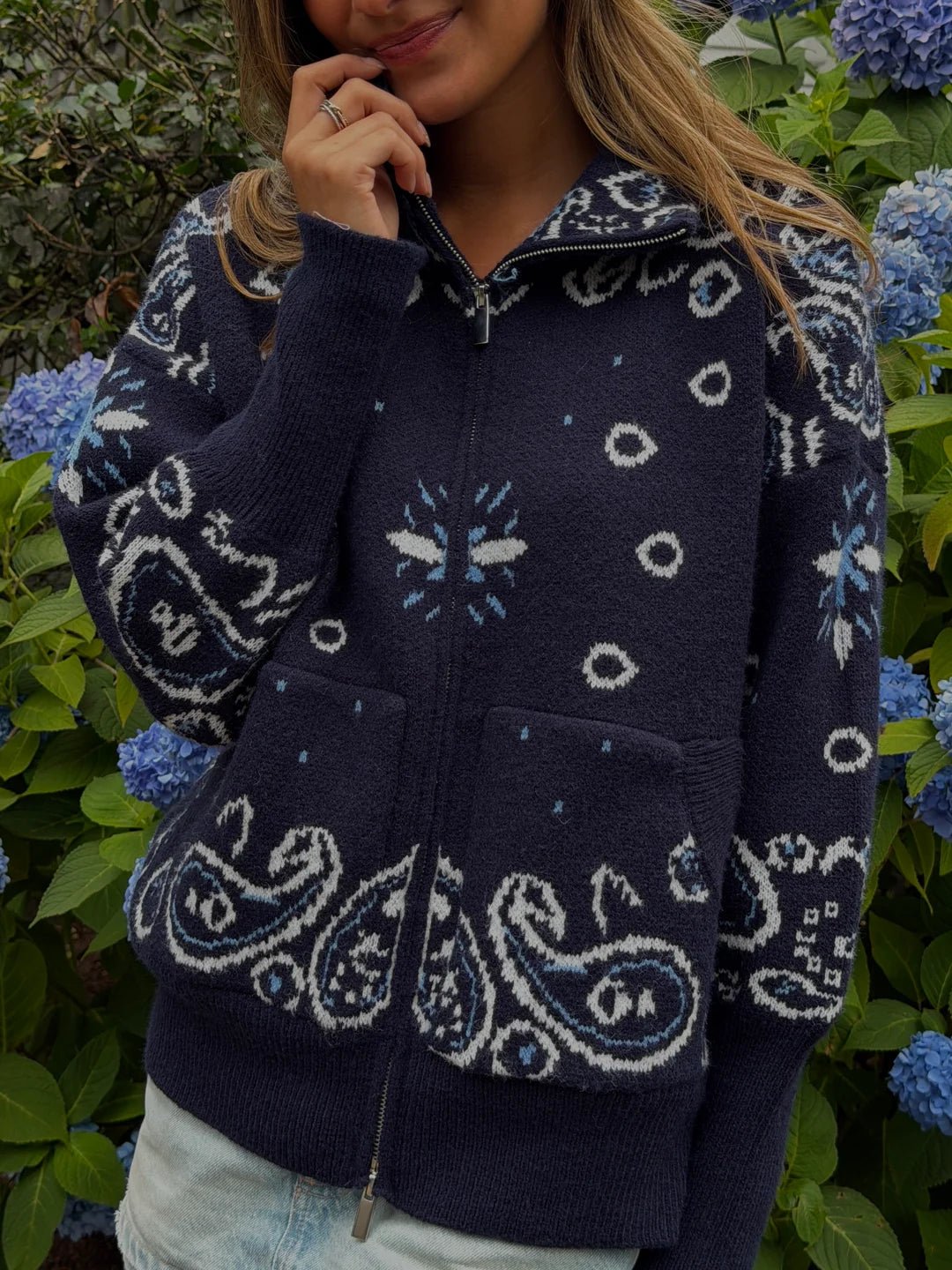 OLANE Casual Paisley Zip-Up Knit Jacket Navy BlueMWomen's Coats & Jackets