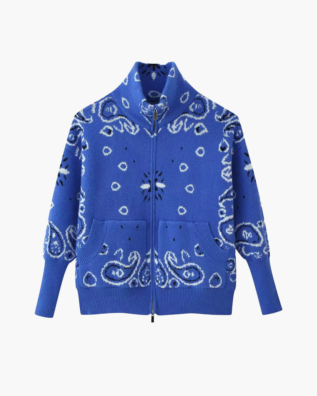 OLANE Casual Paisley Zip-Up Knit Jacket Navy BlueMWomen's Coats & Jackets