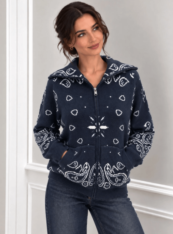 OLANE Casual Paisley Zip-Up Knit Jacket Navy BlueSWomen's Coats & Jackets