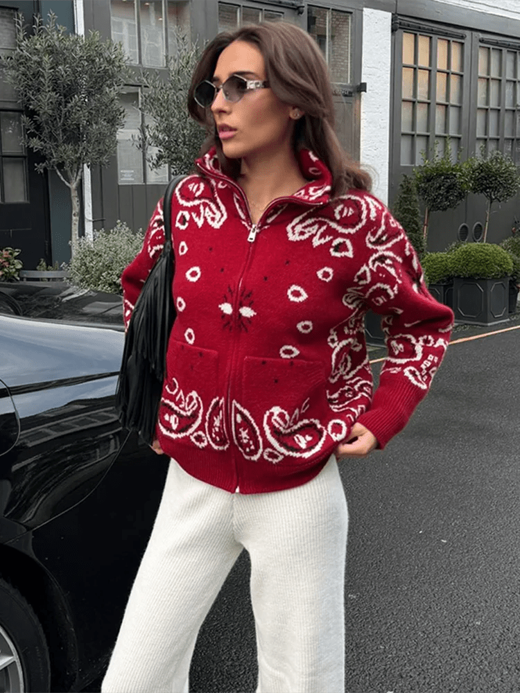 OLANE Casual Paisley Zip-Up Knit Jacket RedSWomen's Coats & Jackets