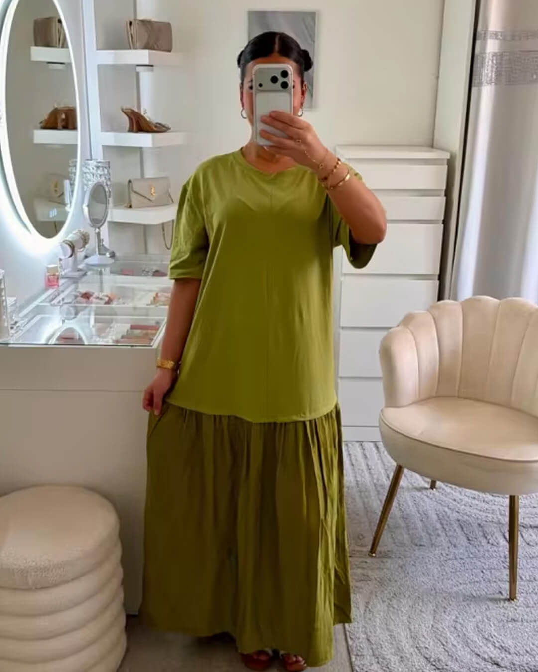 OLANE Casual Pleated Patchwork Midi Dress GreenSWomen's Dresses