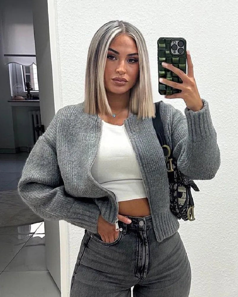 OLANE Casual Zip-Up Knitted Cardigan GreySCardigan
