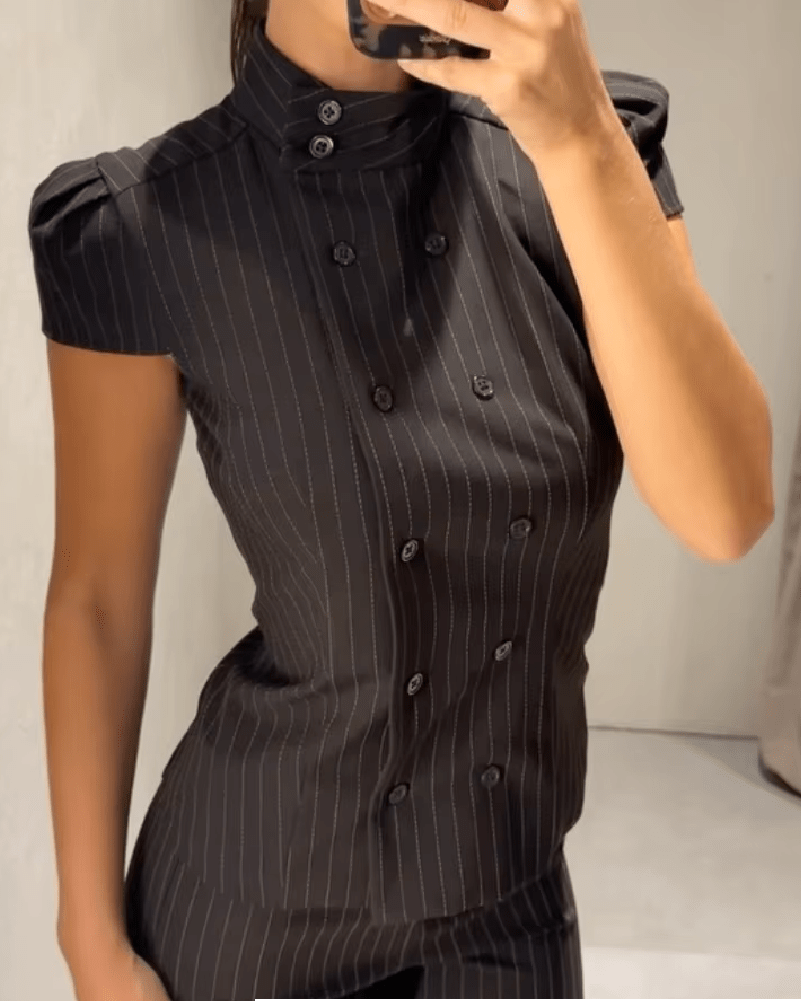 OLANE Classic Double-Breasted Plaid Blouse BlackMBlouse