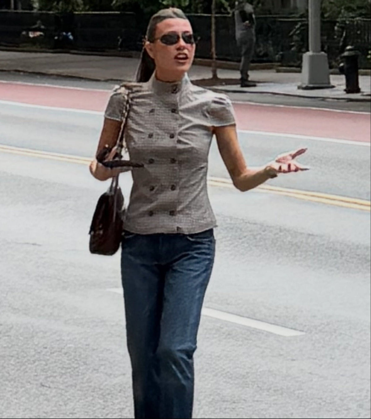 OLANE Classic Double-Breasted Plaid Blouse GreyMBlouse