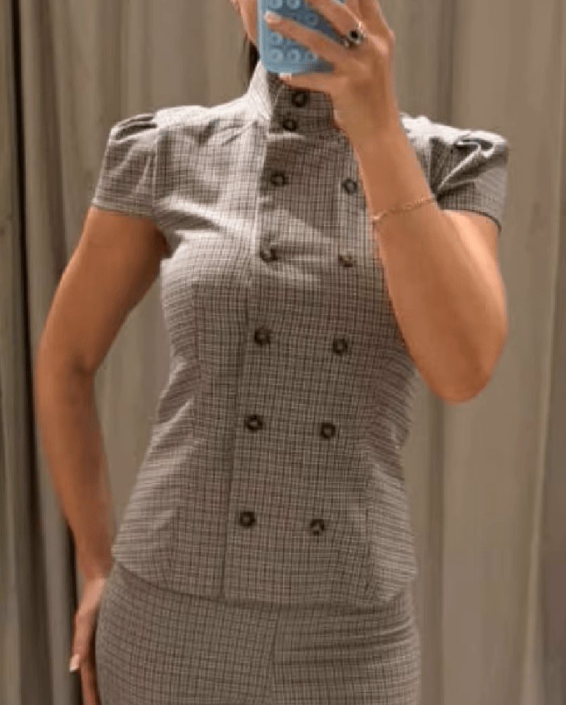 OLANE Classic Double-Breasted Plaid Blouse GreyMBlouse