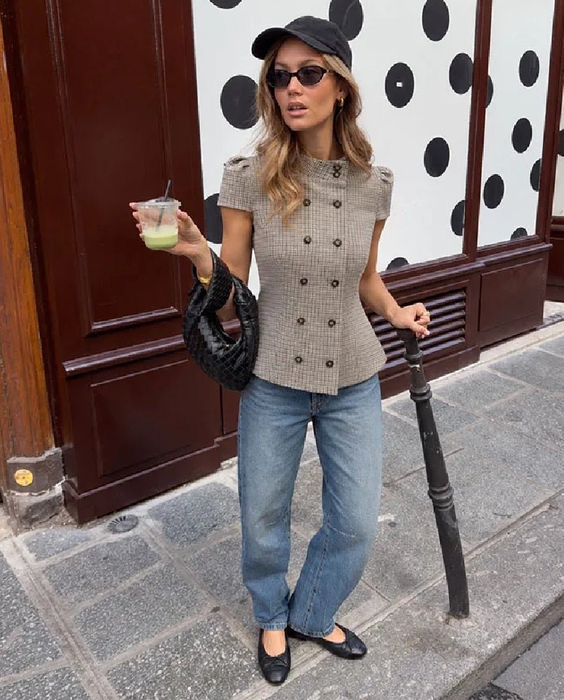 OLANE Classic Double-Breasted Plaid Blouse GreyMBlouse