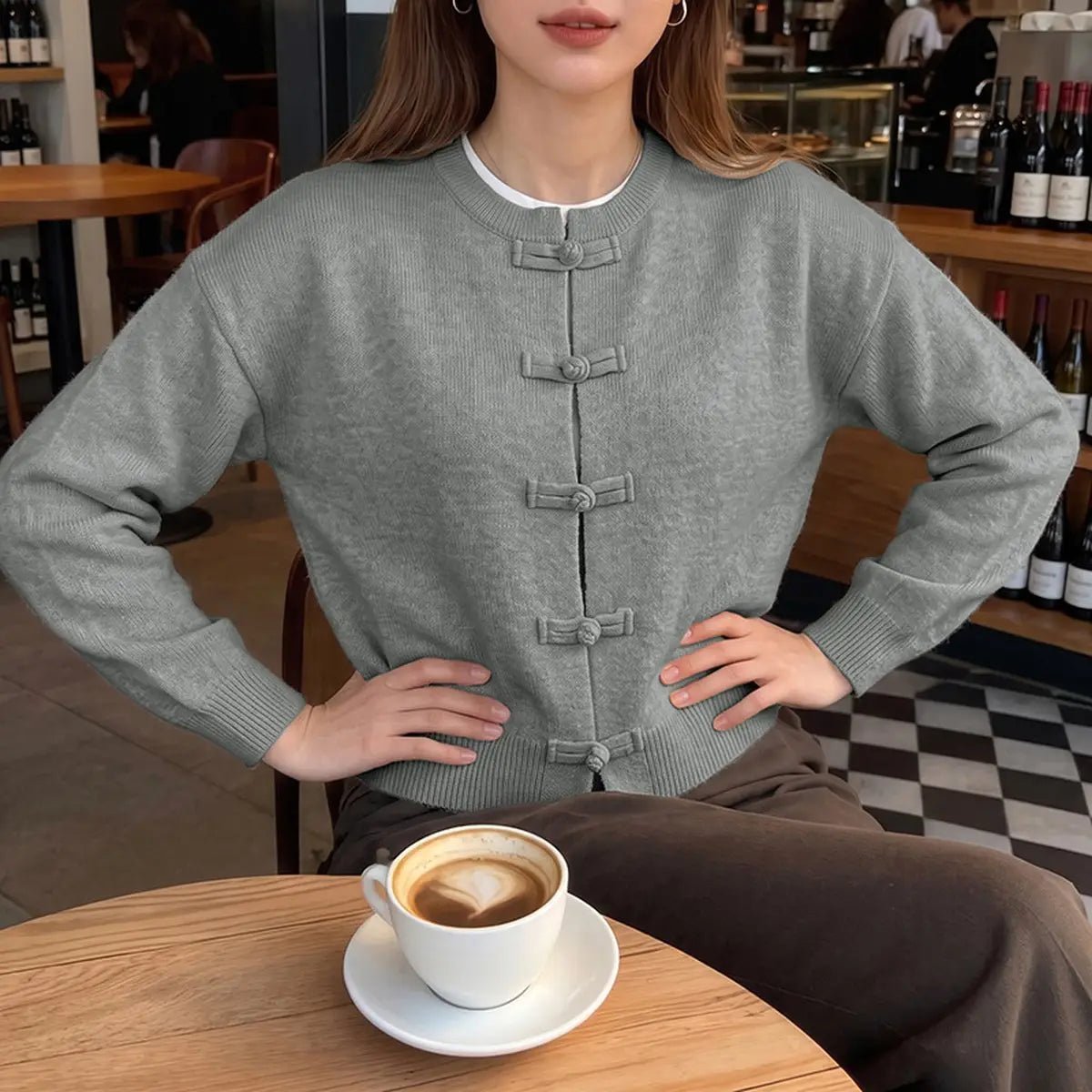 OLANE Classic Frog Knots Knitted Cardigan BrownSWomen's Sweaters & Cardigans