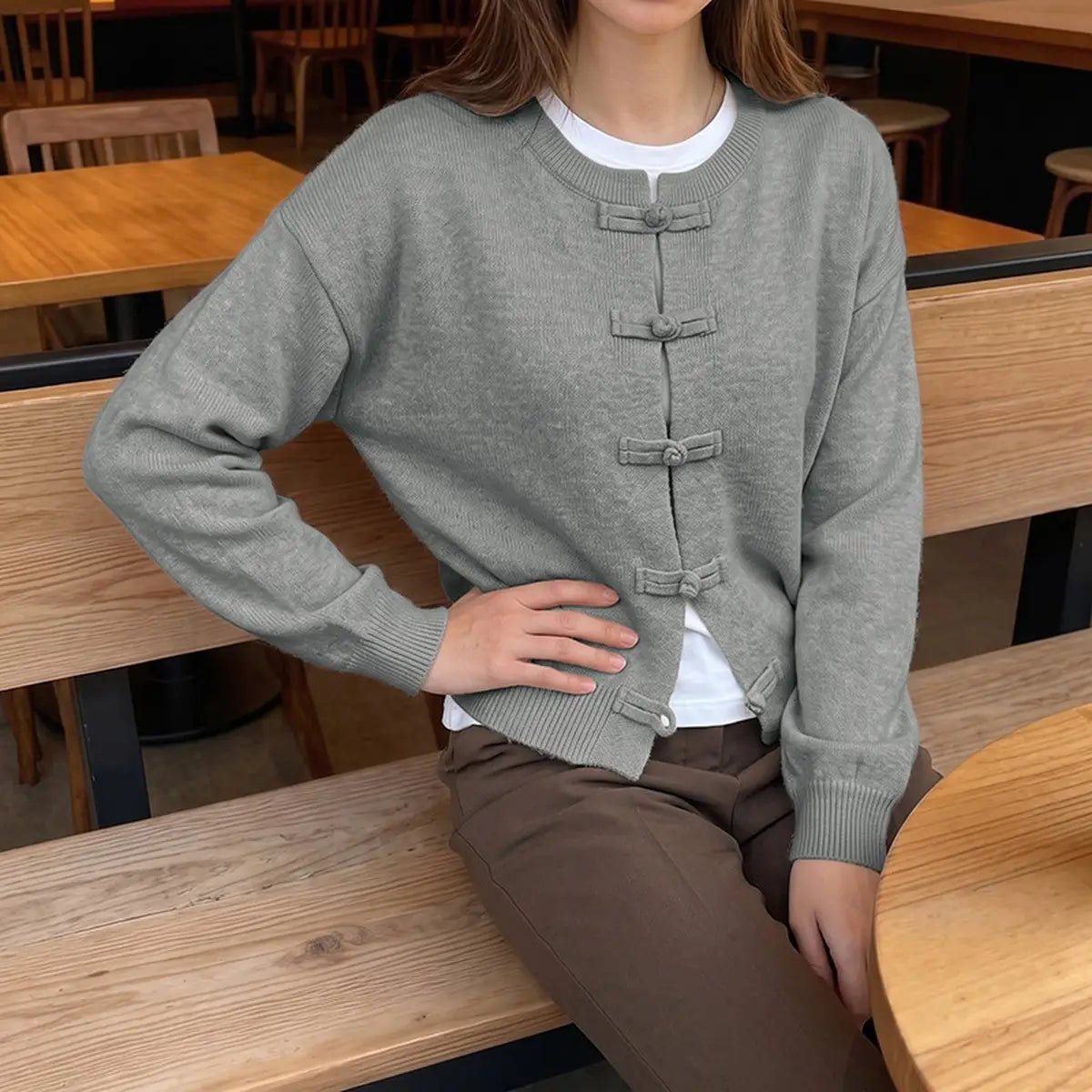 OLANE Classic Frog Knots Knitted Cardigan GreySWomen's Sweaters & Cardigans