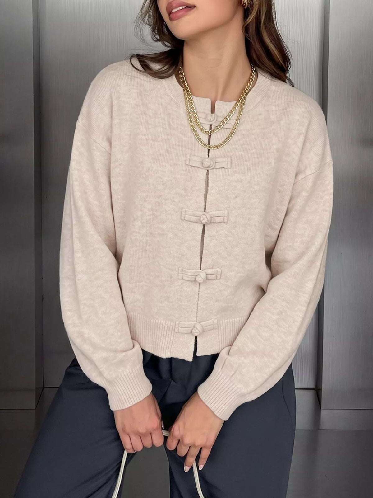 OLANE Classic Frog Knots Knitted Cardigan GreySWomen's Sweaters & Cardigans