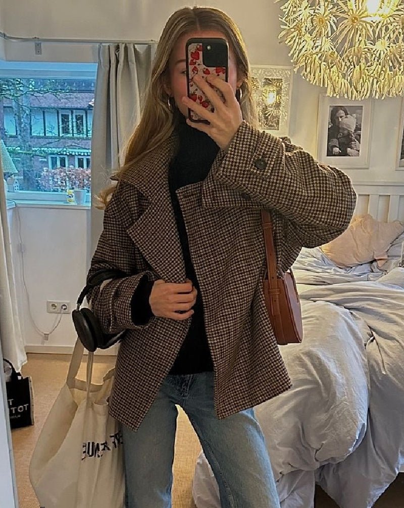 OLANE Classic Houndstooth Buttoned Collar Jacket MWomen's Coats & Jackets