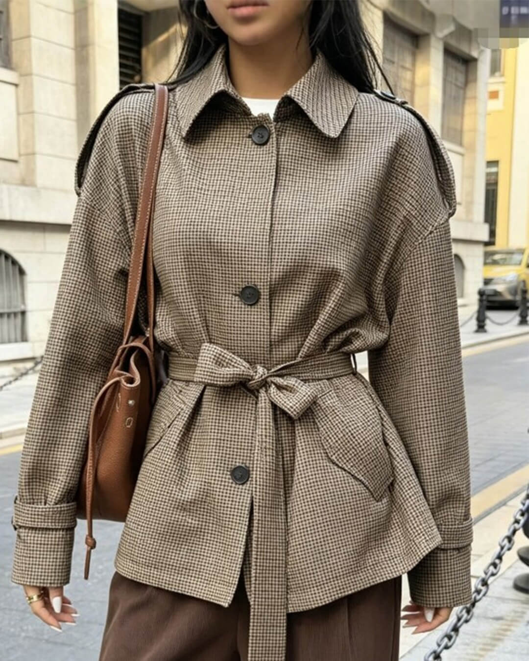 OLANE Classic Houndstooth Lace-Up Blazer BrownLJacket