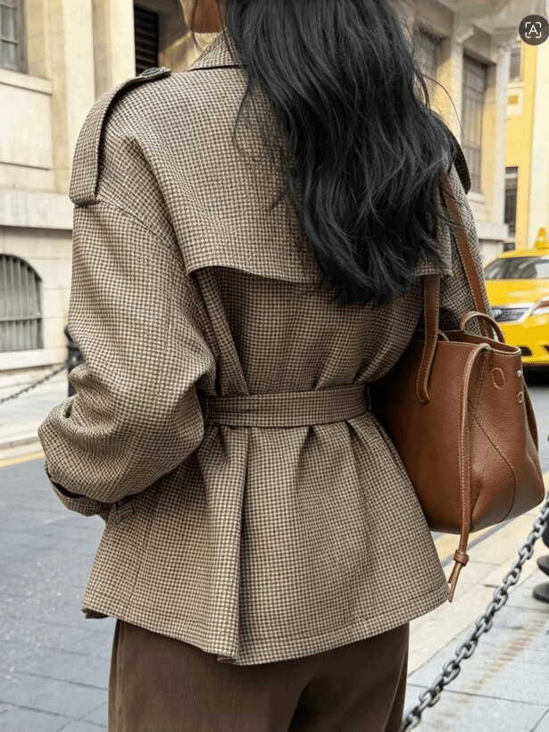 OLANE Classic Houndstooth Lace-Up Blazer BrownMJacket