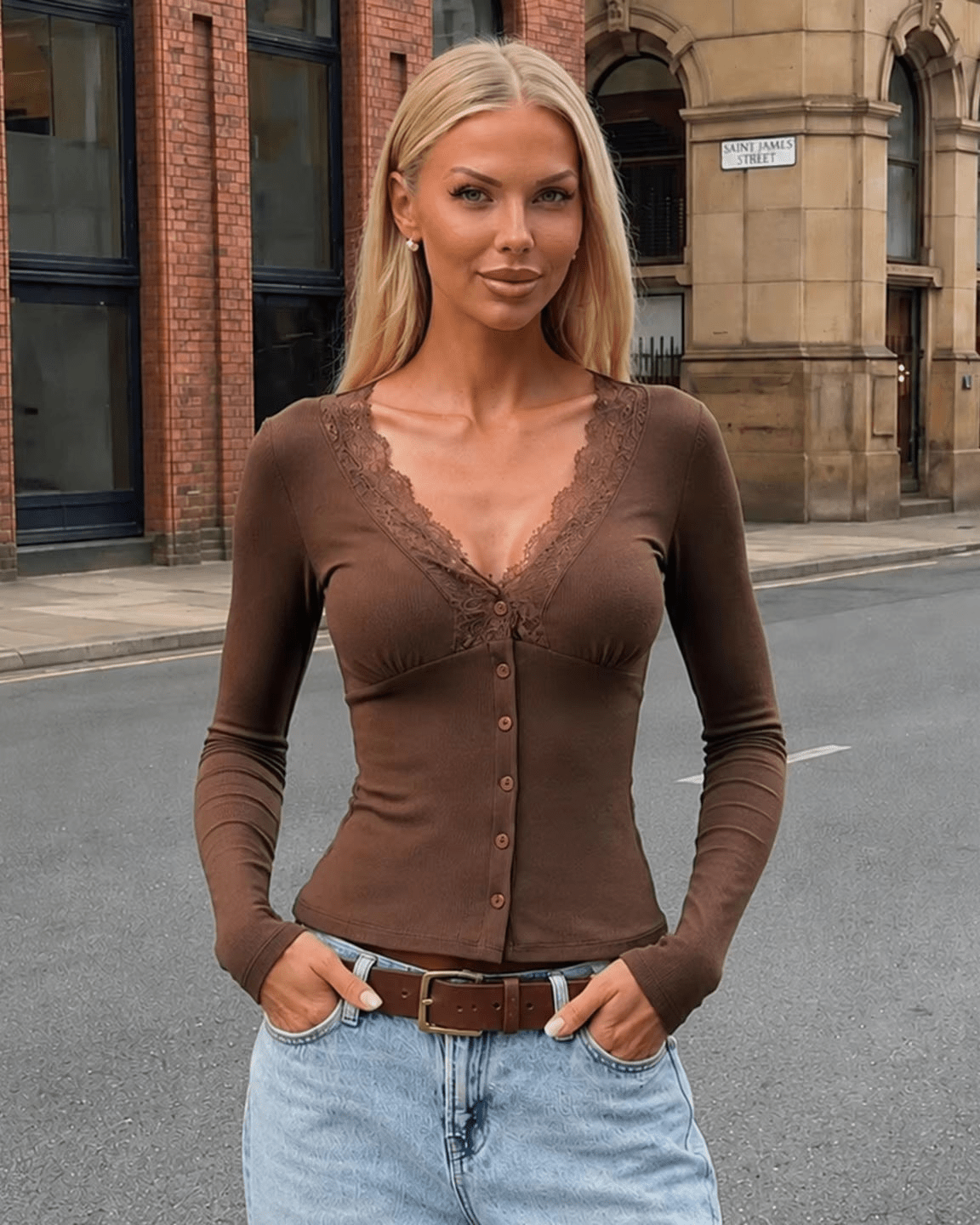 OLANE Classic Lace Trim Slim Henley Cardigan BrownSCardigan