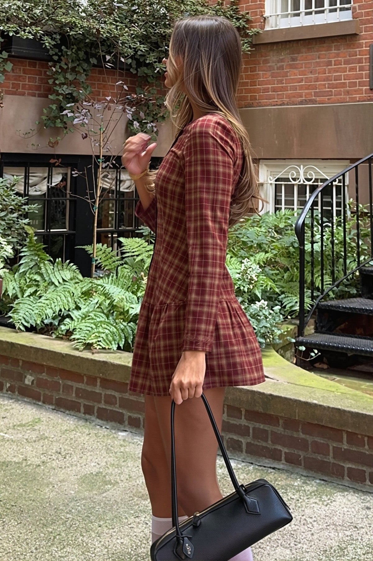OLANE Classic Long Sleeve Plaid Mini Dress BurgundyMWomen's Dresses