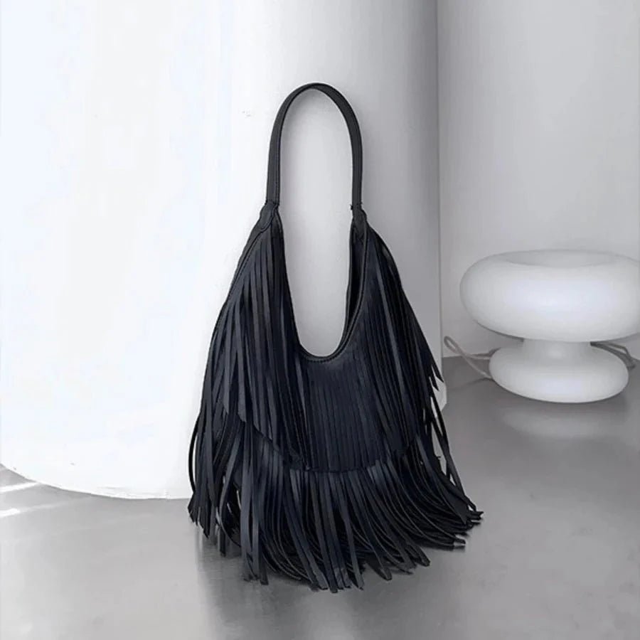 OLANE Classic Open Top Tasseled Hobo Bag BlackBag