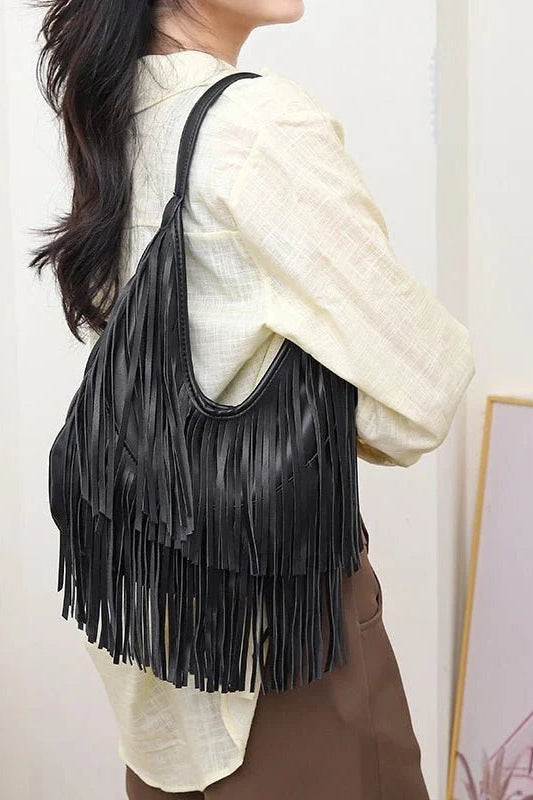 OLANE Classic Open Top Tasseled Hobo Bag BlackBag